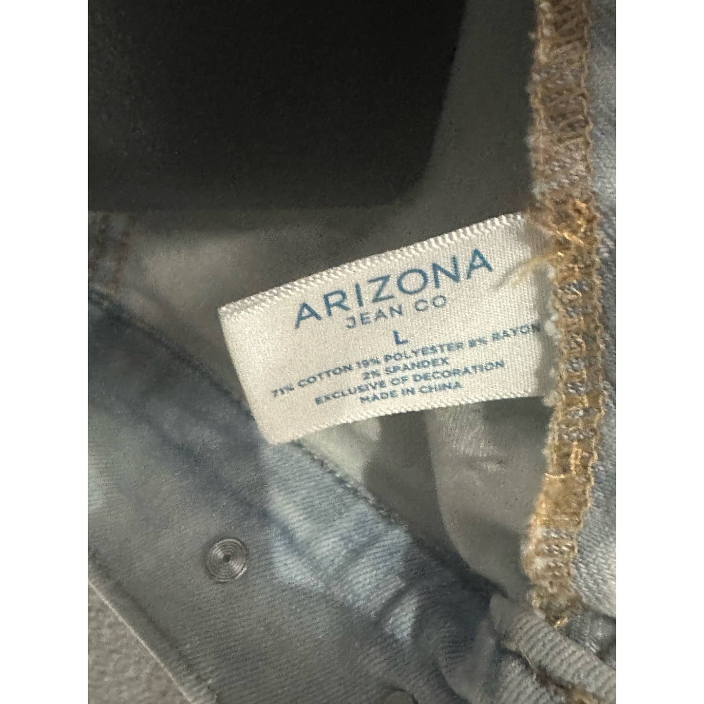 Arizona Denim Jacket Mens Sz Large Flex Camo Sleeves Light Wash Blue Distressed