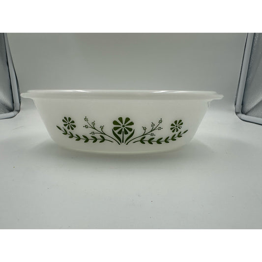 Vintage Glasbake J235 1 Qt. 10" Oval Green Daisy Milk Glass Casserole Dish