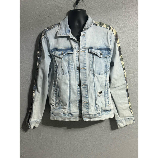 Arizona Denim Jacket Mens Sz Large Flex Camo Sleeves Light Wash Blue Distressed