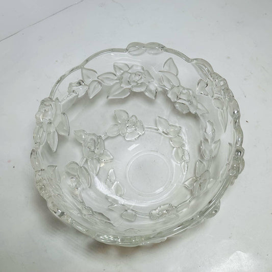 Mikasa Bella Rosa Bowl Large 9” Hostess Clear Glass Embossed Roses Germany