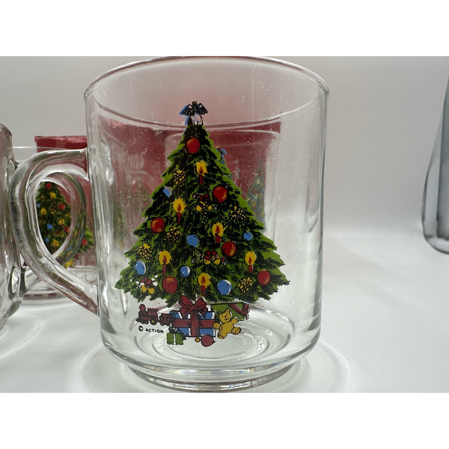 VTG 1985 Carlton Action Sabin Christmas Tree 10 oz Crystal Mugs Set of 4 w/ Box