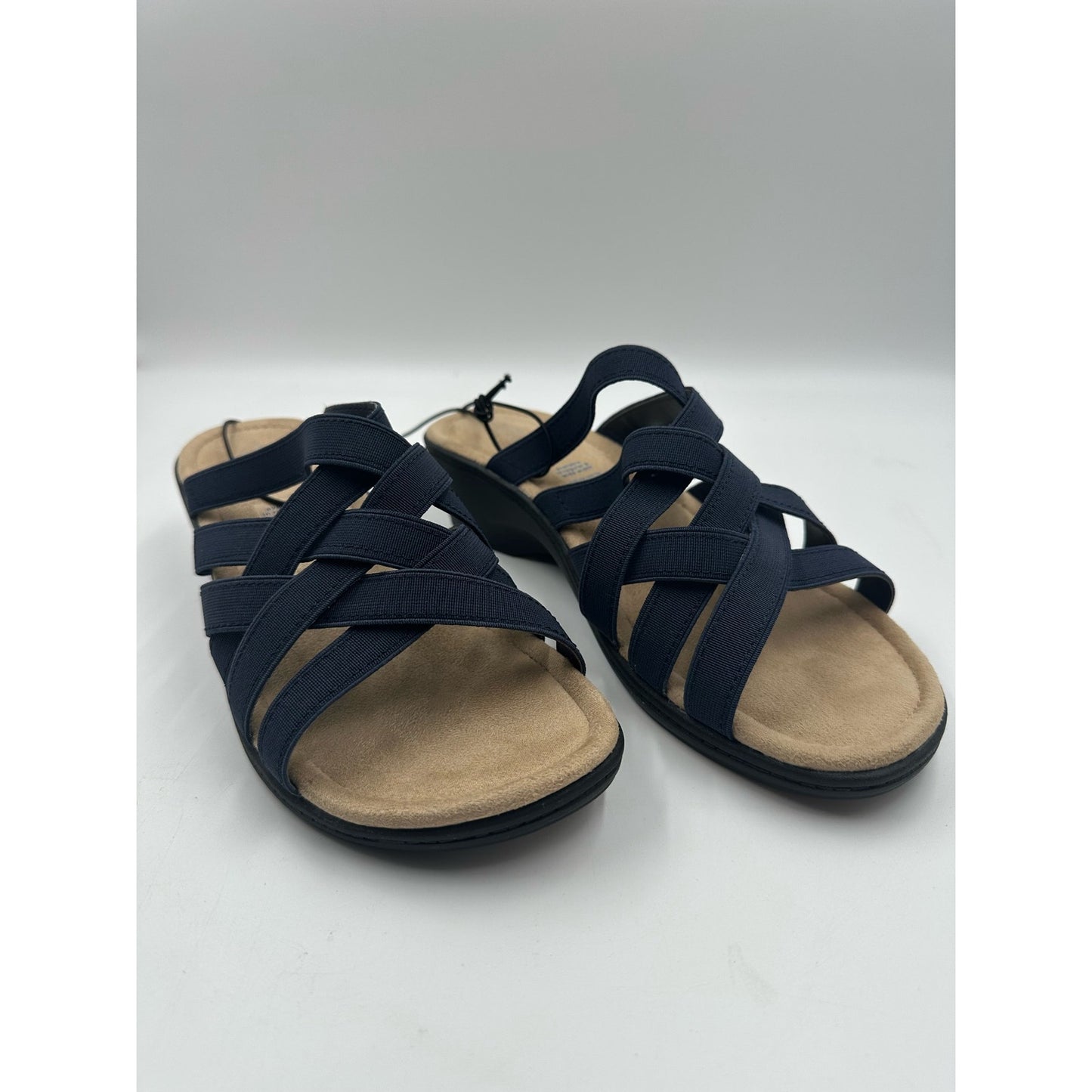 St. Johns Bay Women's Irma  Navy Blue Slip On Strappy Sandal Size 9W 1 1/2" Heel