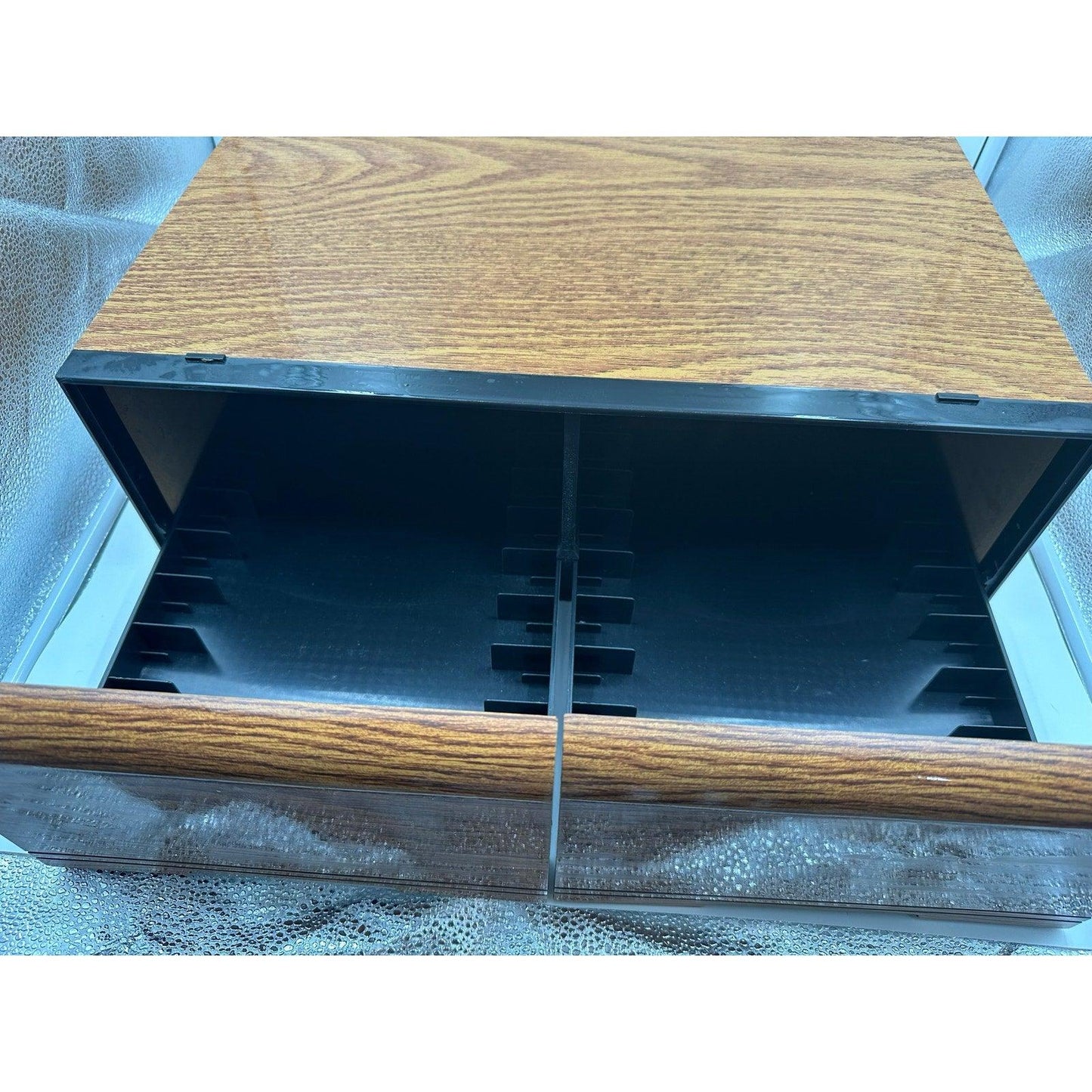 Vtg Faux Wood VHS Cassette Holder Cabinet 2 Drawer Storage Case Holds 18 Tapes