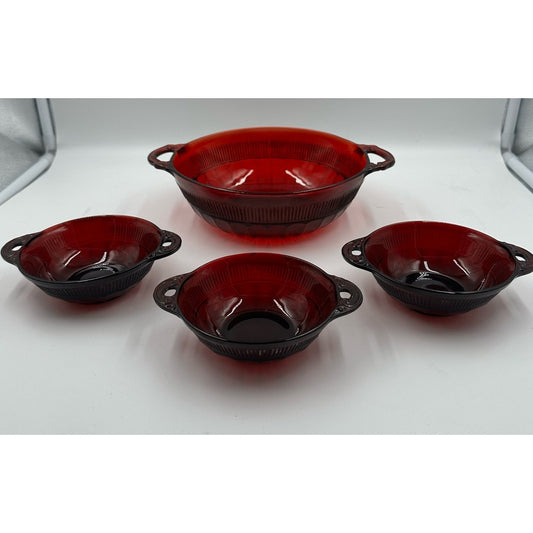 Depression Glass Anchor Hocking CORONATION ROYAL Red bowl with 3 serving dishes