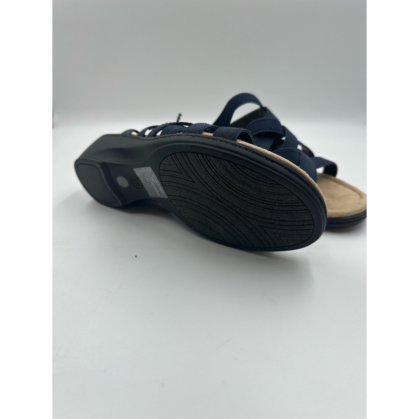 St. Johns Bay Women's Irma  Navy Blue Slip On Strappy Sandal Size 9W 1 1/2" Heel