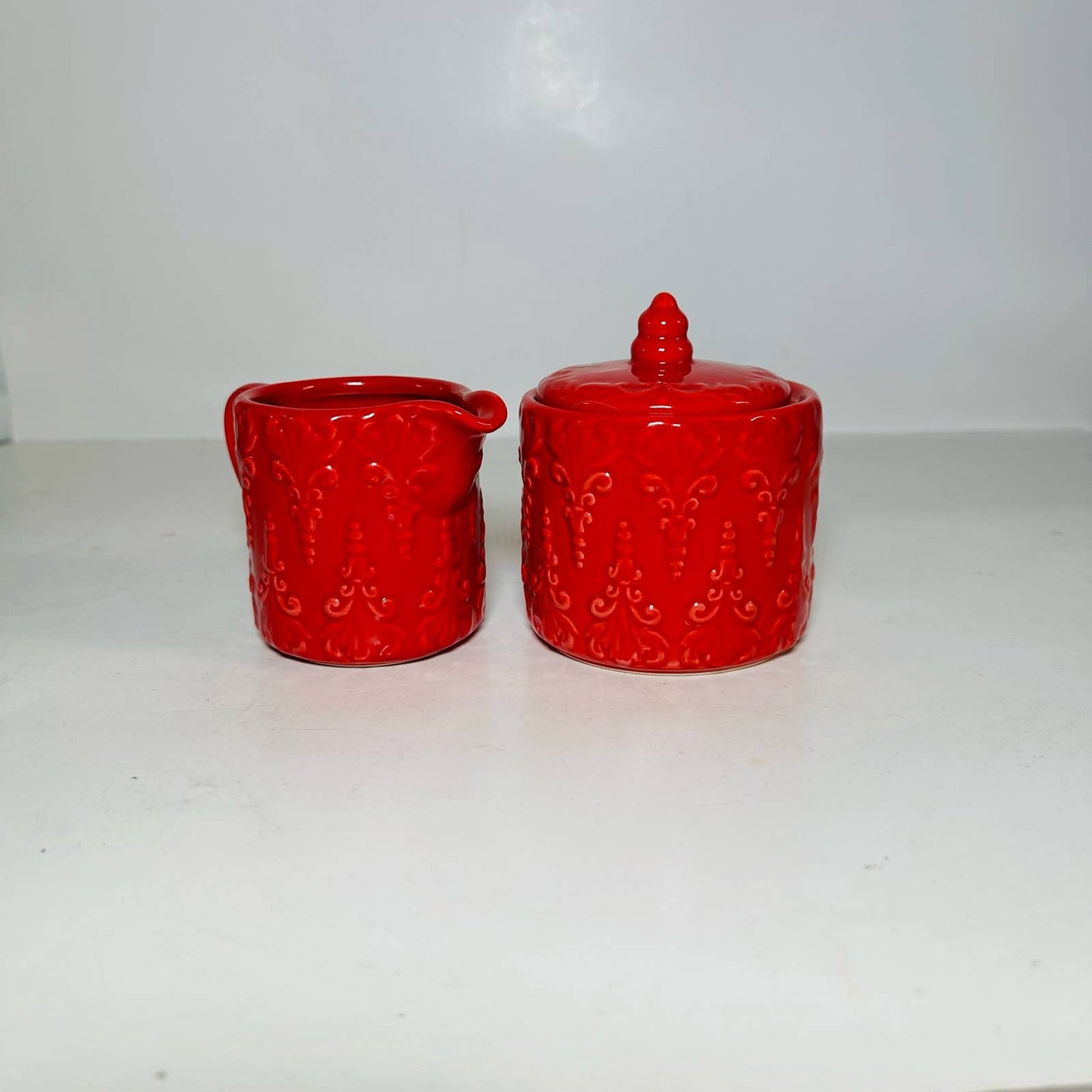 Vtg Red Glazed Ceramic Sugar Bowl & Creamer Set BIA International