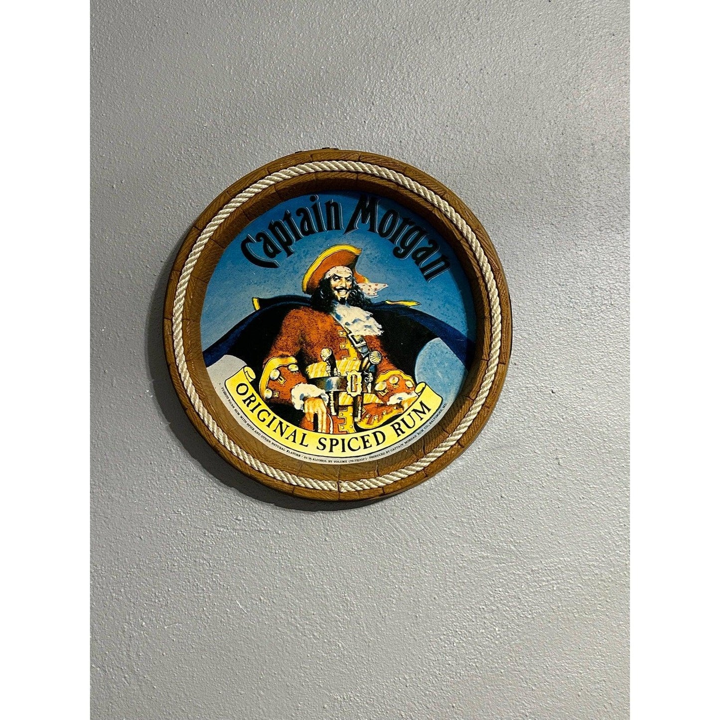 Vintage Captain Morgan Original Spiced Rum Nautical Rope Barrel Top sign 16x16