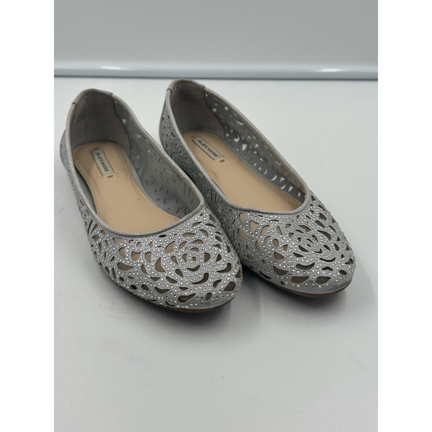 Alex Marie Silver Crystal Rhinestones Laser-Cut Design BalletCore Style Flats size 6.5M