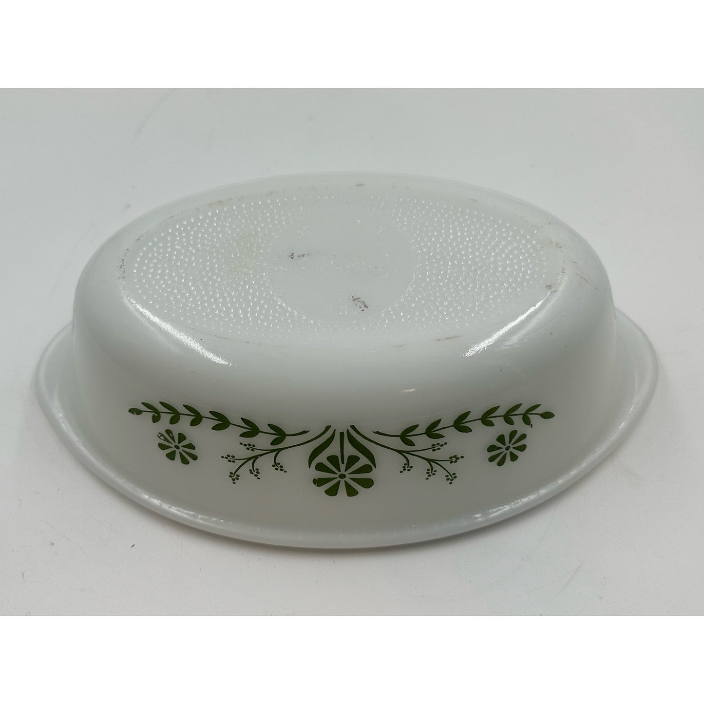 Vintage Glasbake J235 1 Qt. 10" Oval Green Daisy Milk Glass Casserole Dish