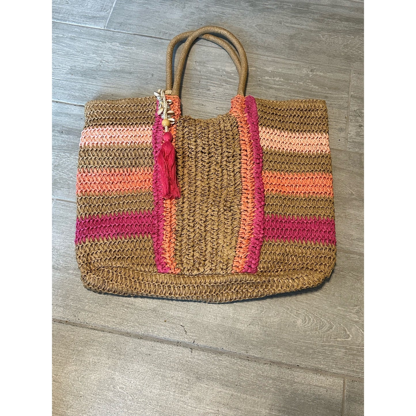 TIME AND TRU Raffia Straw Large Striped Tote