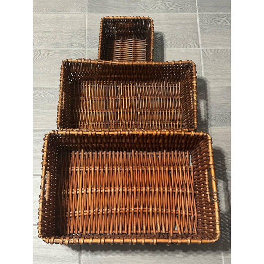 3 Vintage Rectangle Basket Wicker Woven Cane Reed Basket Rectangle