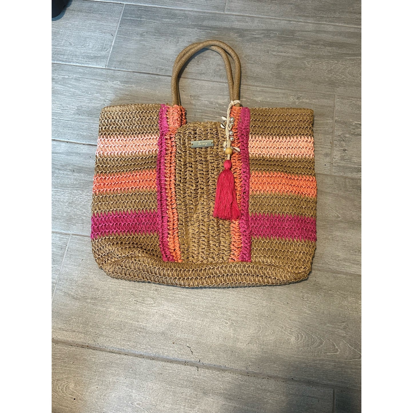 TIME AND TRU Raffia Straw Large Striped Tote