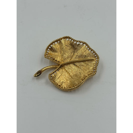 Vintage BSK Gold Tone Stylized Lily Pad Leaf Textured Open Work Pin