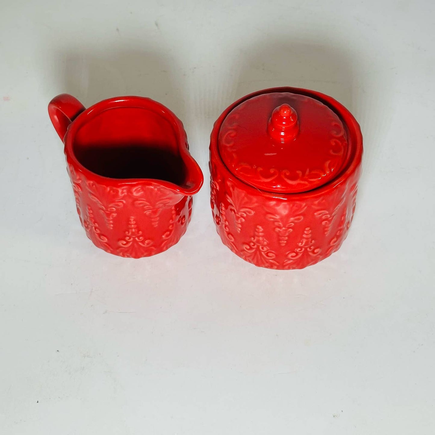 Vtg Red Glazed Ceramic Sugar Bowl & Creamer Set BIA International