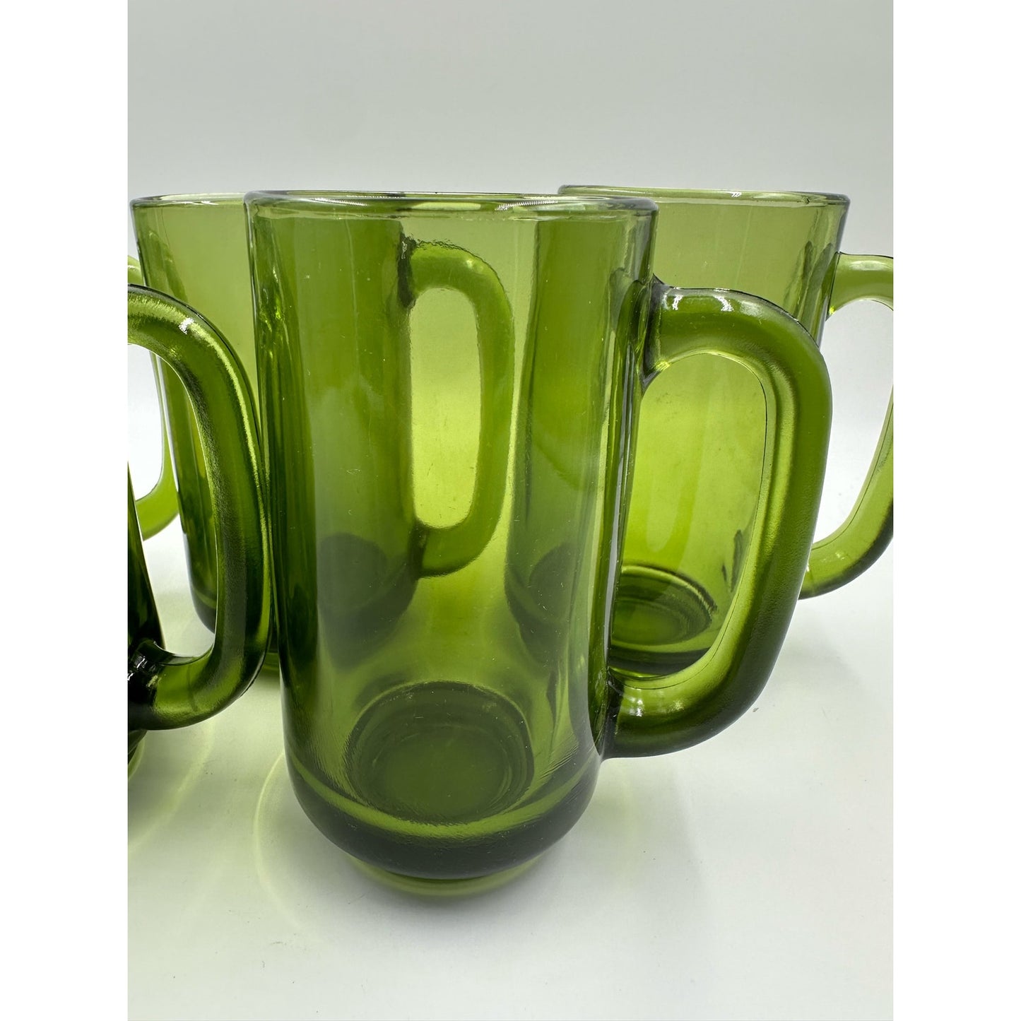 VTG 1970s Vibe Avocado Green Glass Beer Mugs Set 5 D Handle Barware Drinkware