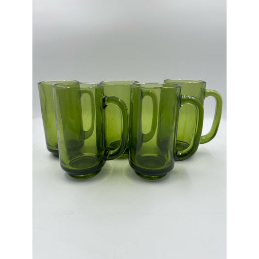 VTG 1970s Vibe Avocado Green Glass Beer Mugs Set 5 D Handle Barware Drinkware