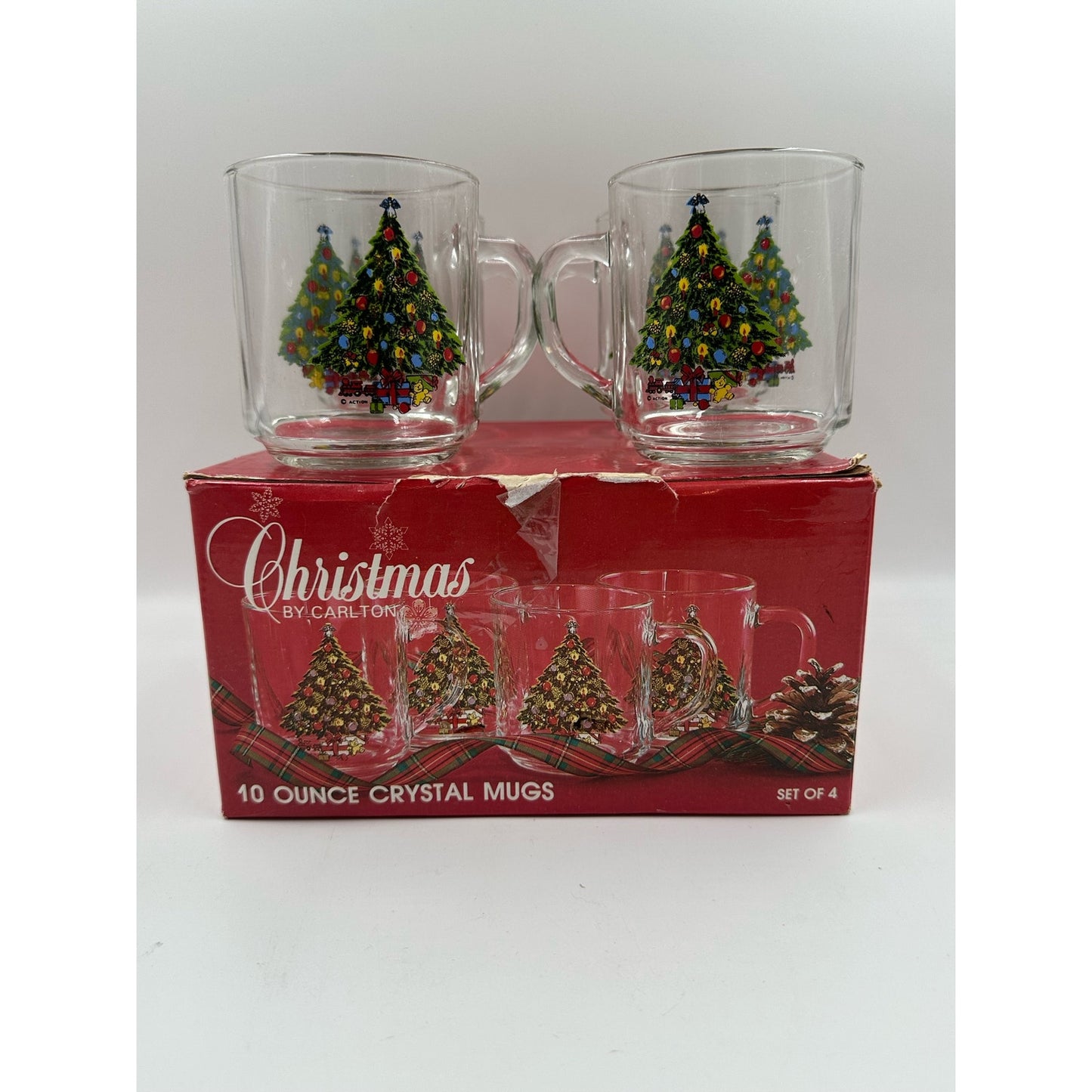 VTG 1985 Carlton Action Sabin Christmas Tree 10 oz Crystal Mugs Set of 4 w/ Box