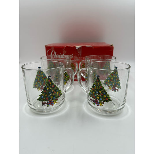 VTG 1985 Carlton Action Sabin Christmas Tree 10 oz Crystal Mugs Set of 4 w/ Box