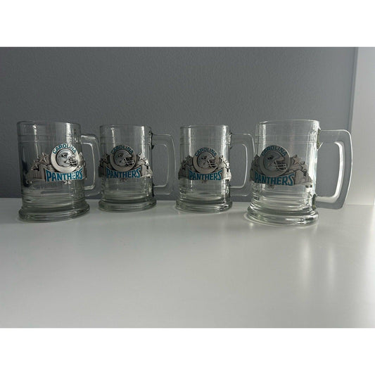 Set of 4 Carolina Panthers NFL Glass Beer Mug w/ Pewter Helmet Rare MINTY