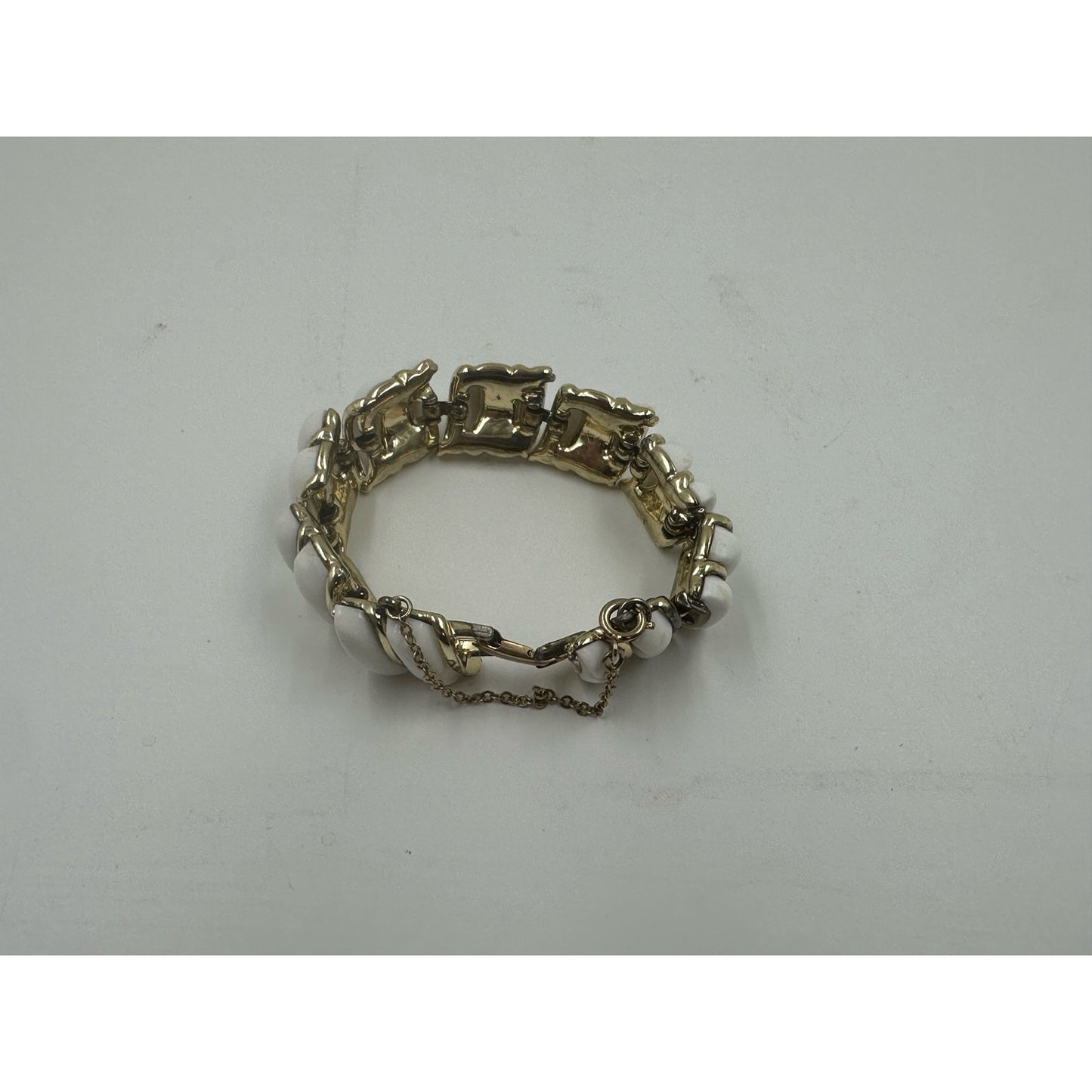 Vintage BSK Bracelet White Acrylic Wave Gold Tone Chunky Hinged Panel Bracelet