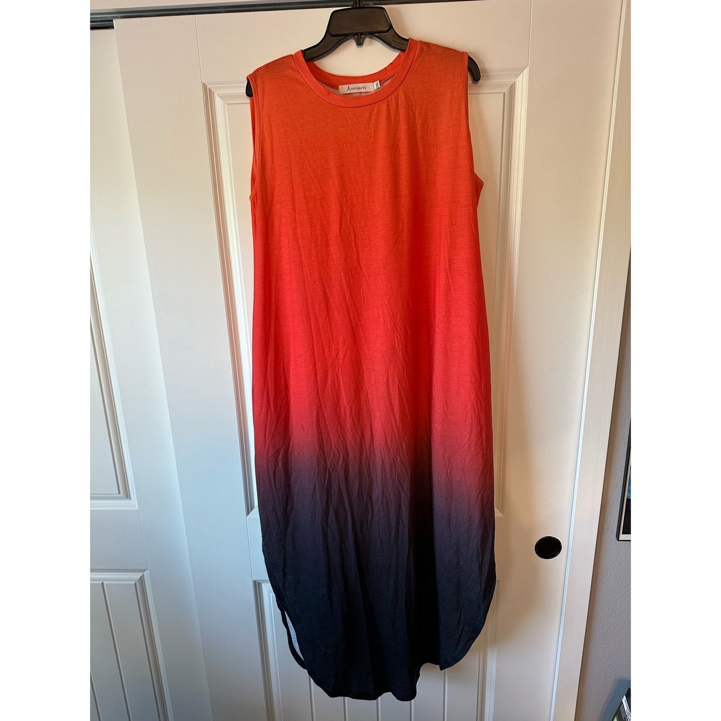 Anrabess Womens Orange Black Ombre Loose Sundress Maxi Round Neck Sleeveless 2XL