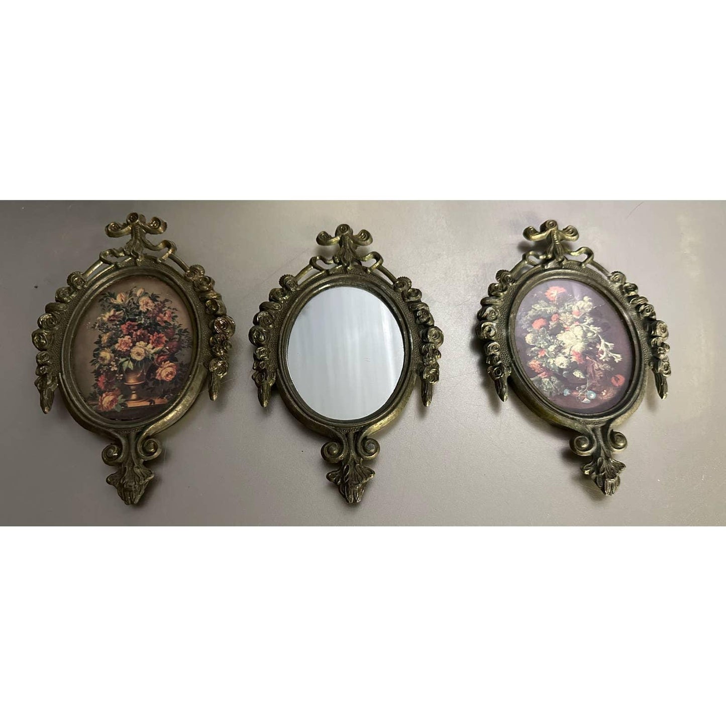 Vtg Victorian Brass Metal Oval Ornate Flower Floral Picture Mirror Frames Italy