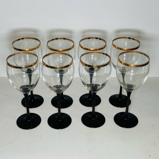 Wine Glasses Set Of 8 Gold Rims Black Stems Made In Spain