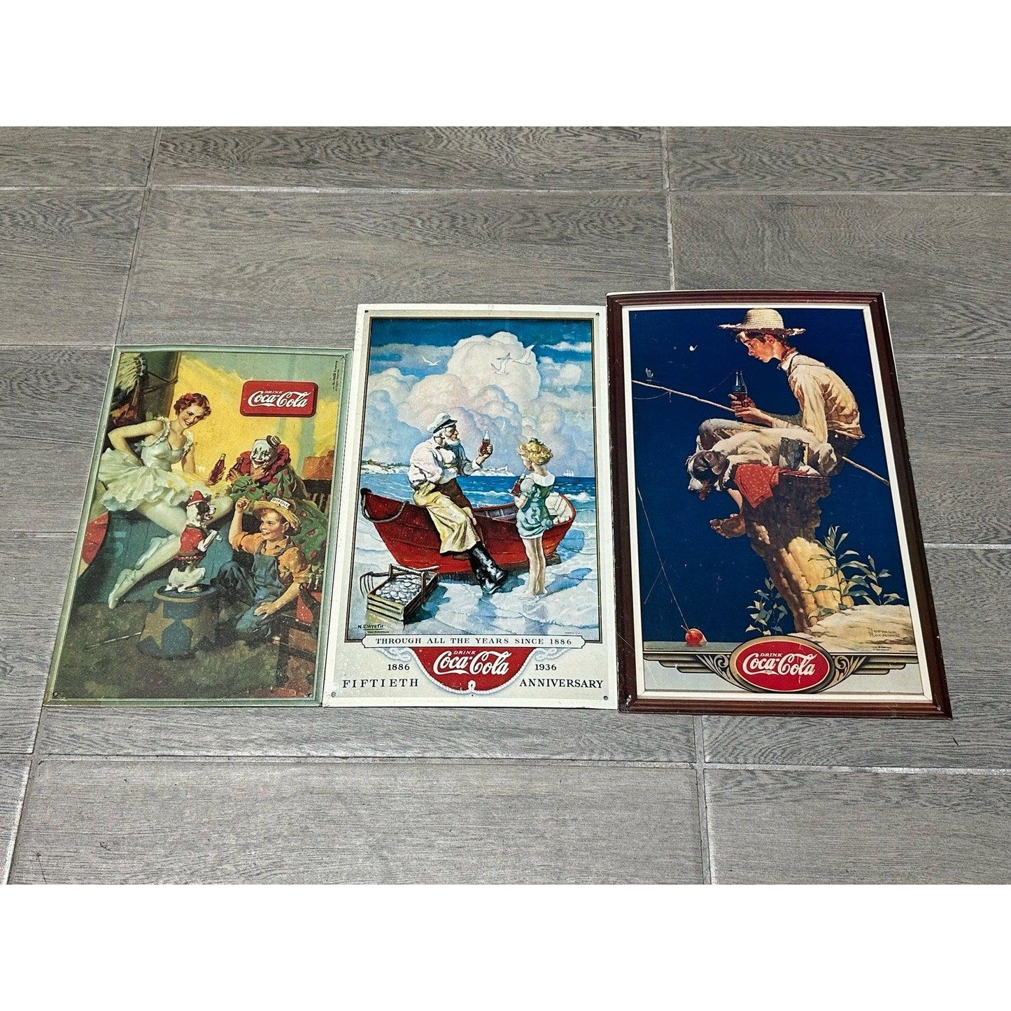  Vintage Coca Cola Tin Sign 50th Anniversary and Norman Rockwell Boy Fishing Lot of 3