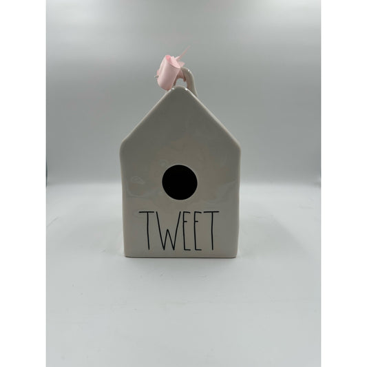 RAE DUNN- TWEET BIRDHOUSE  White / Pink  Ribbon - Elongated Font -NIB