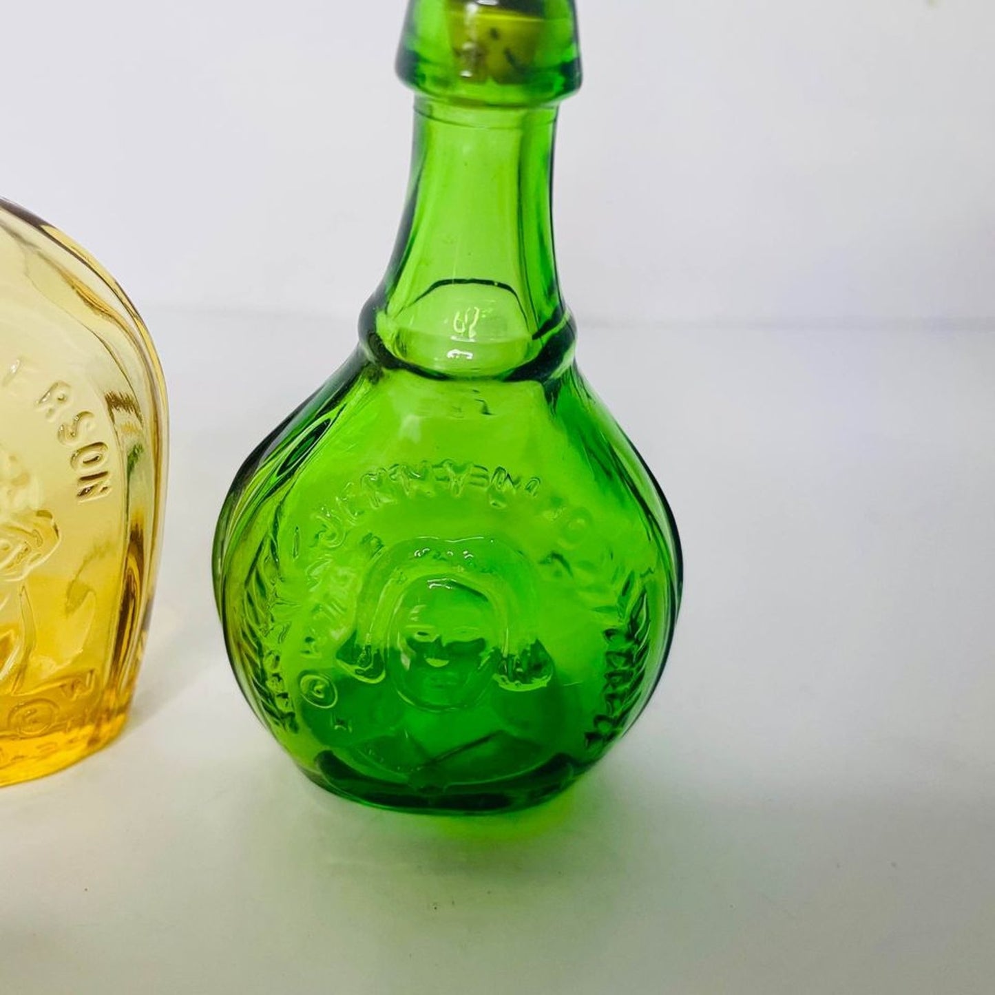 Wheaton Glass Yellow  Thomas Jefferson & Green Jenny Lind Bottle 3" Tall