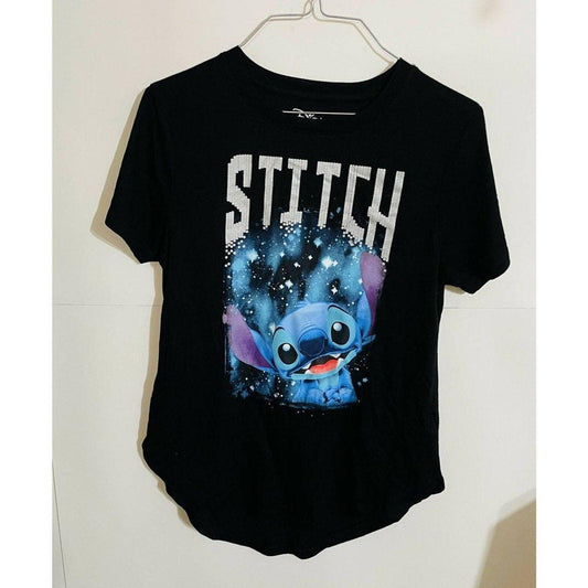 NEW♈Junior's Printed SS Tee by Disney Size M 7-8 Black/silver/blue Stitch