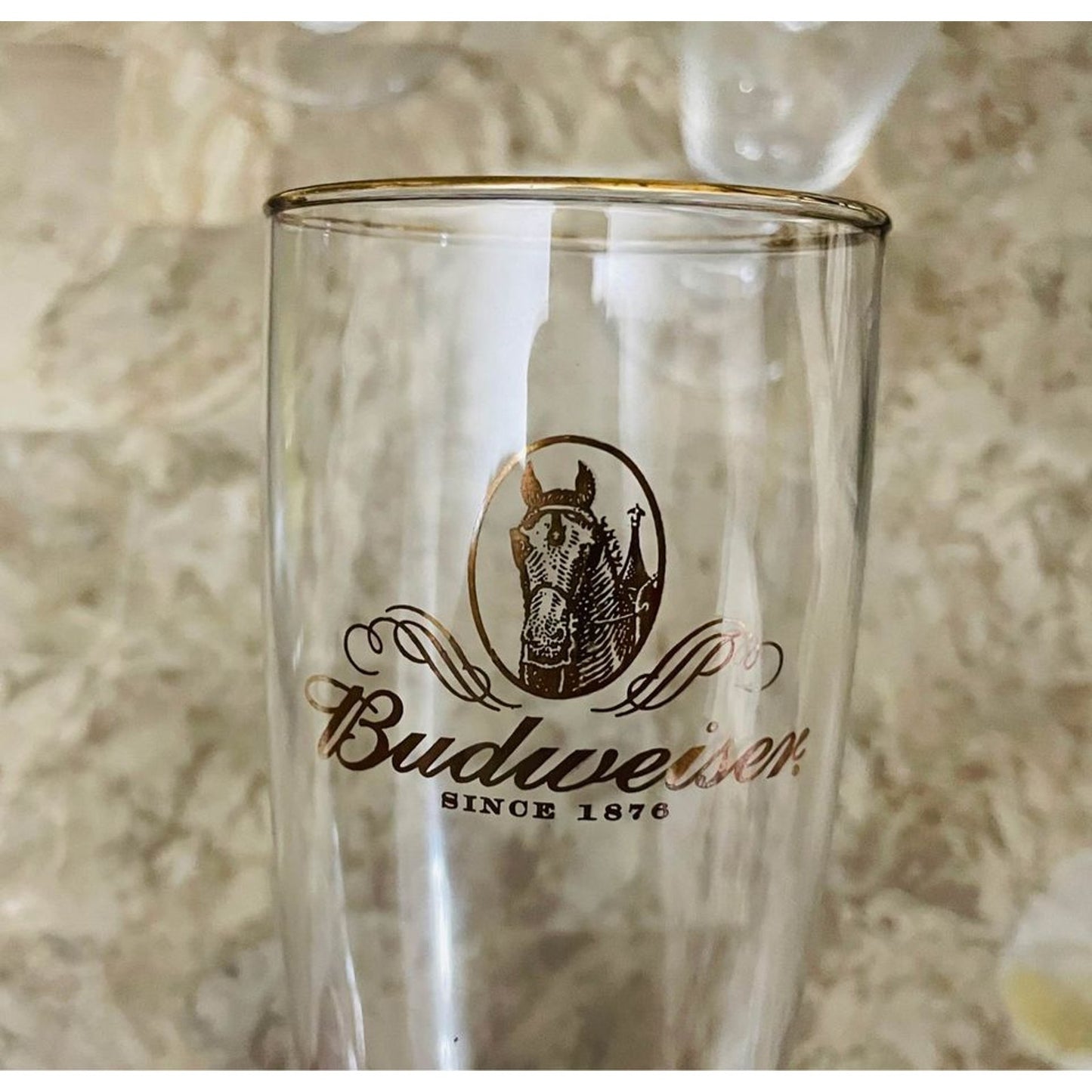 BUDWEISER BEER  Gold Rim Pilsner Set Of 4 Glasses. Gold Clydesdale Logo On Glasses