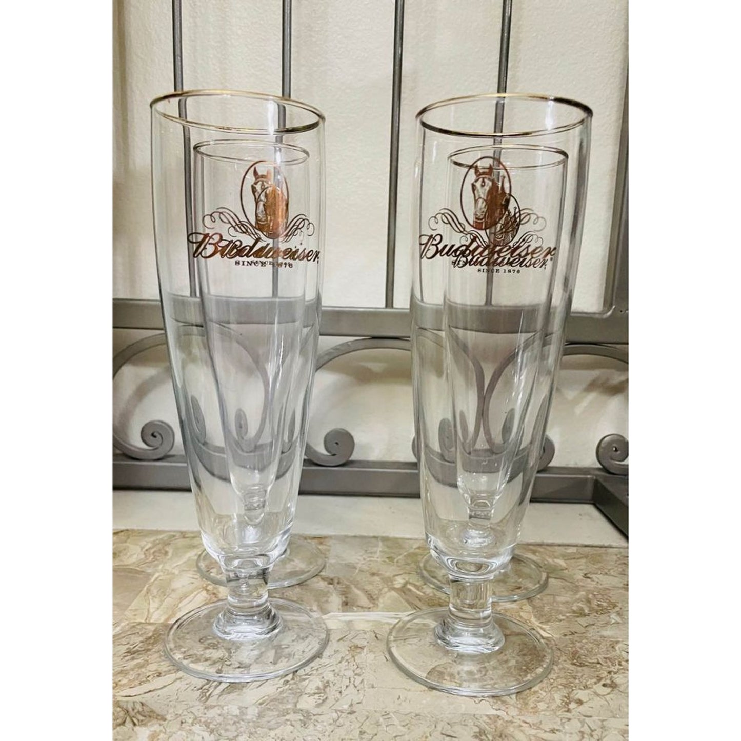 BUDWEISER BEER  Gold Rim Pilsner Set Of 4 Glasses. Gold Clydesdale Logo On Glasses