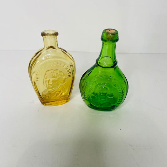 Wheaton Glass Yellow  Thomas Jefferson & Green Jenny Lind Bottle 3" Tall