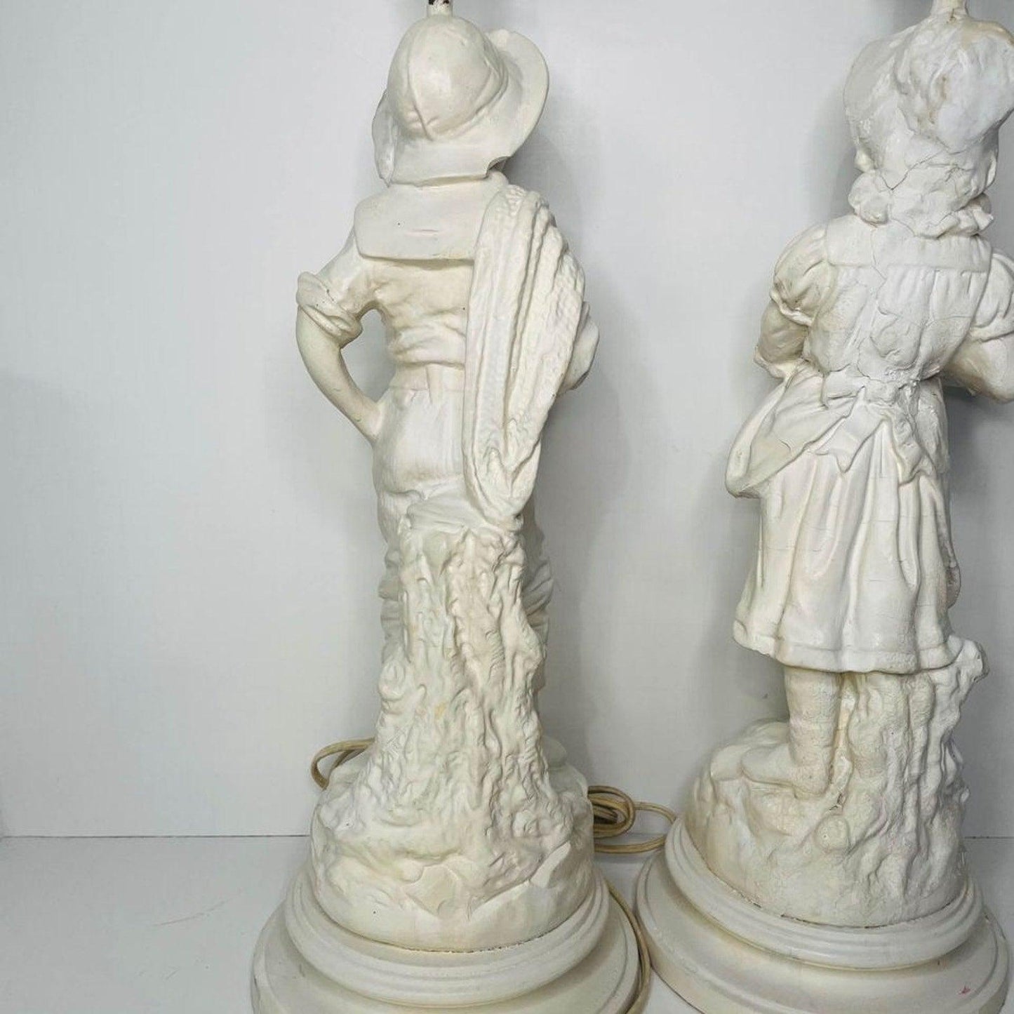 VINTAGE PAIR LARGE TABLE LAMPS CHALKWARE FIGURE WOMAN AND MAN