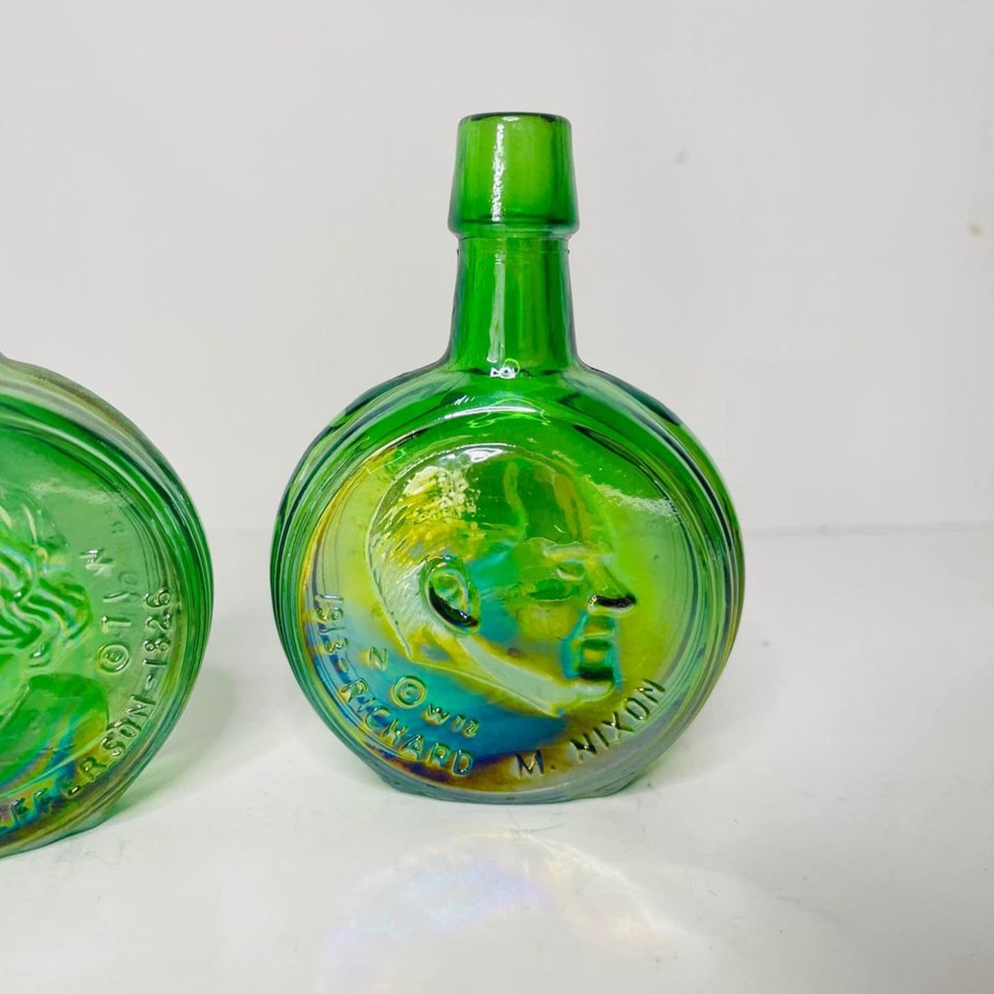 Wheaton Glass Green Thomas Jefferson & Richard Nixon Bottle 3" Tall