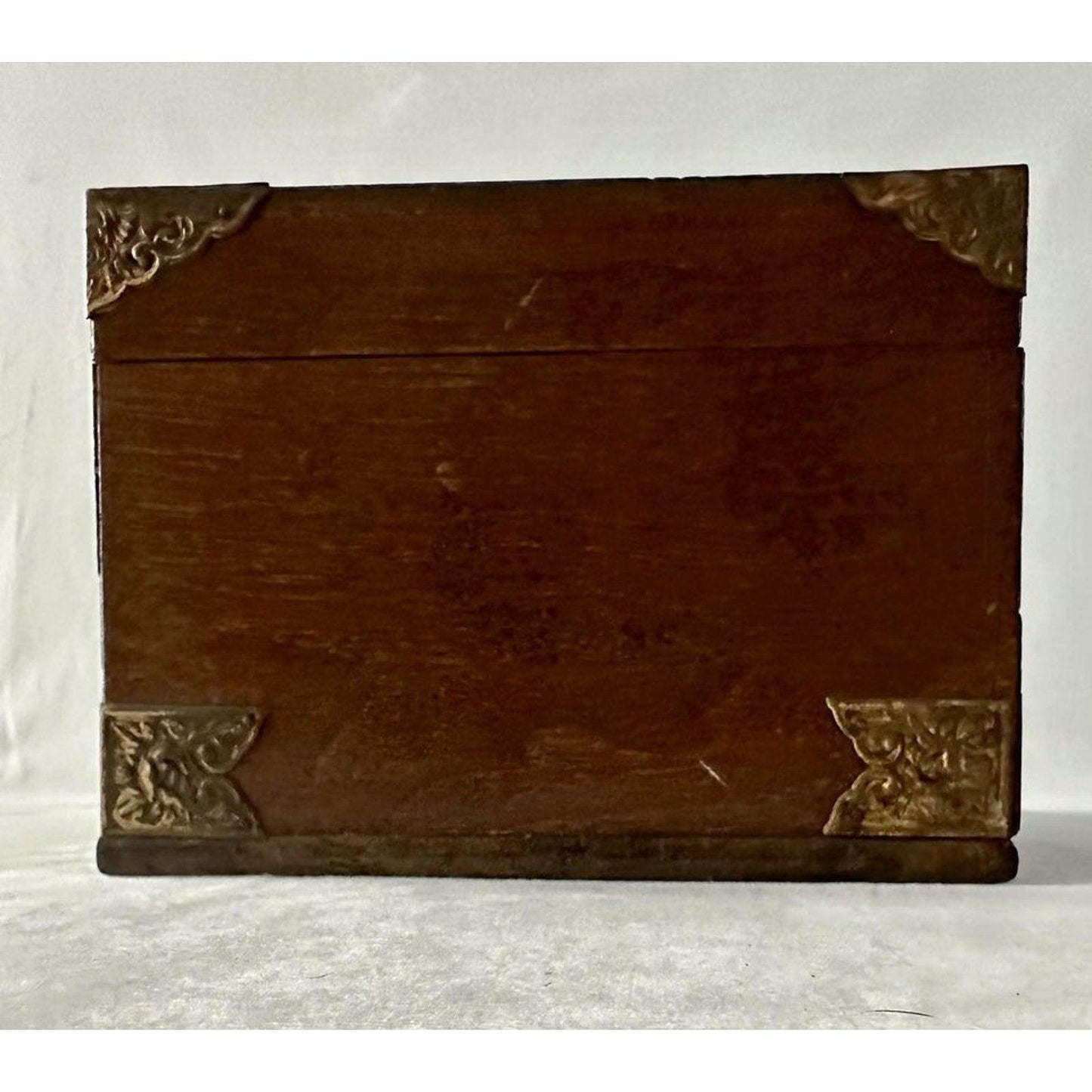 Vtg Longevity Japanese Jewelry Box Wood Japan Brass 2-Tier Good Luck