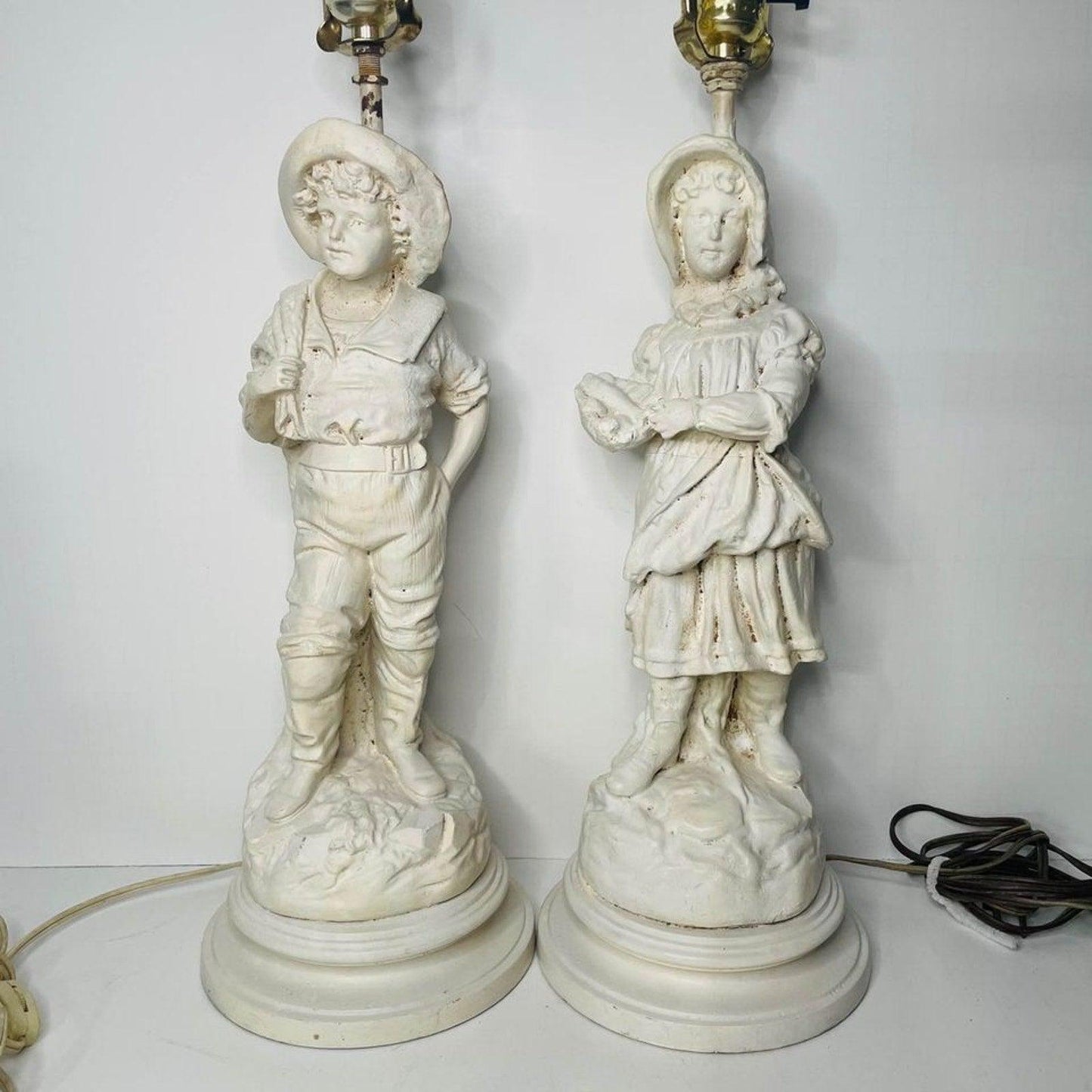 VINTAGE PAIR LARGE TABLE LAMPS CHALKWARE FIGURE WOMAN AND MAN