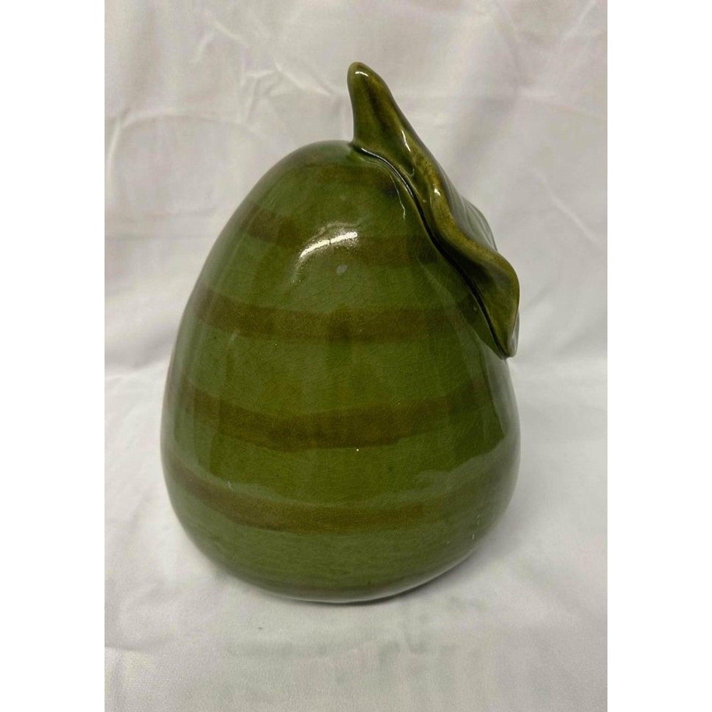 Large Decorative Pear Green Stripe Ceramic Fruit Leaf Farmhouse Country Mod 10"