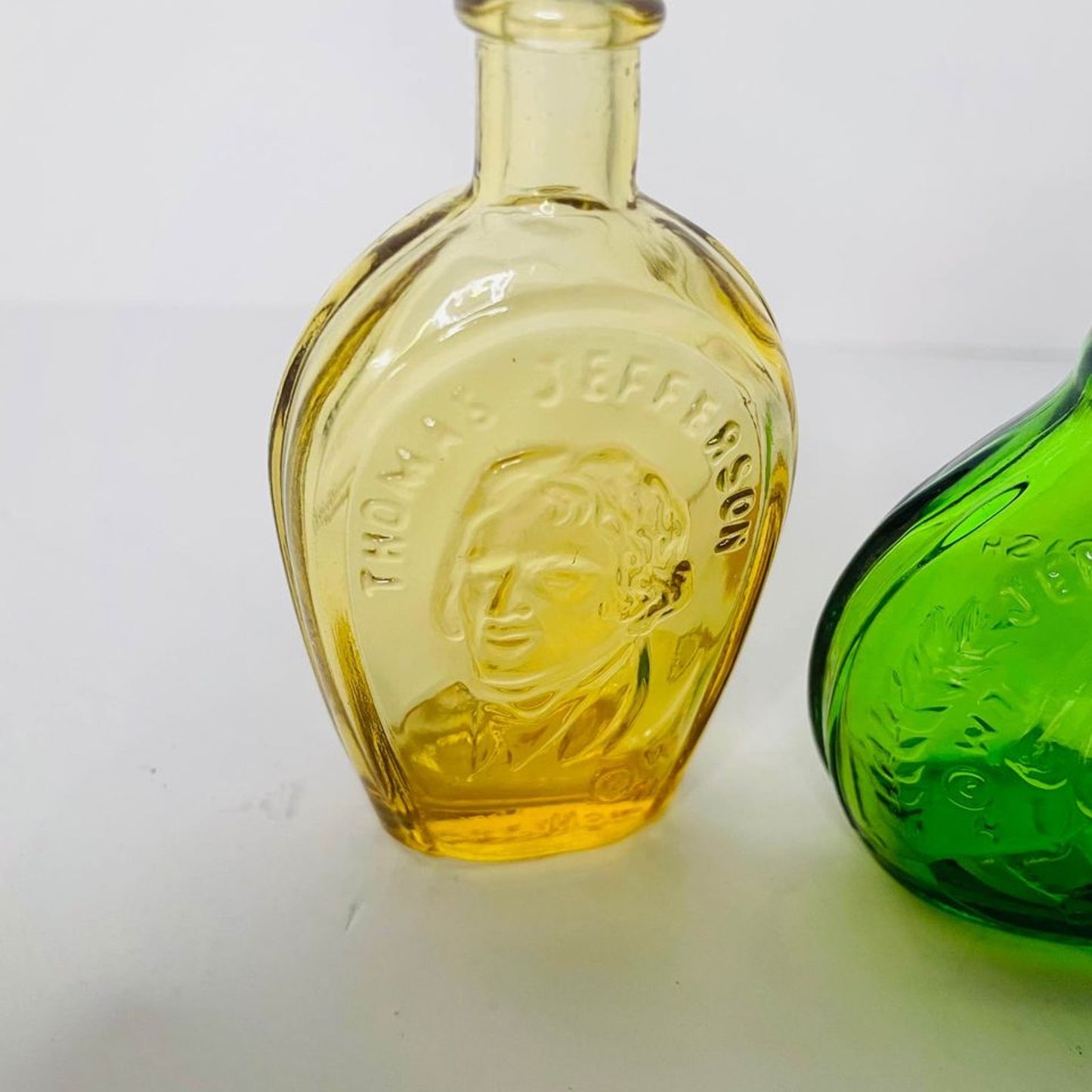 Wheaton Glass Yellow  Thomas Jefferson & Green Jenny Lind Bottle 3" Tall