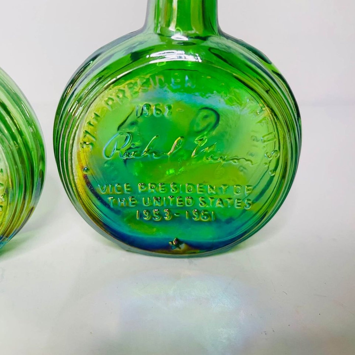 Wheaton Glass Green Thomas Jefferson & Richard Nixon Bottle 3" Tall