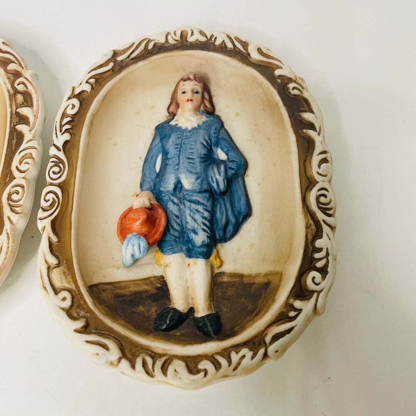 Vintage Lefton China Blue Boy and Pinkie ceramic wall art.