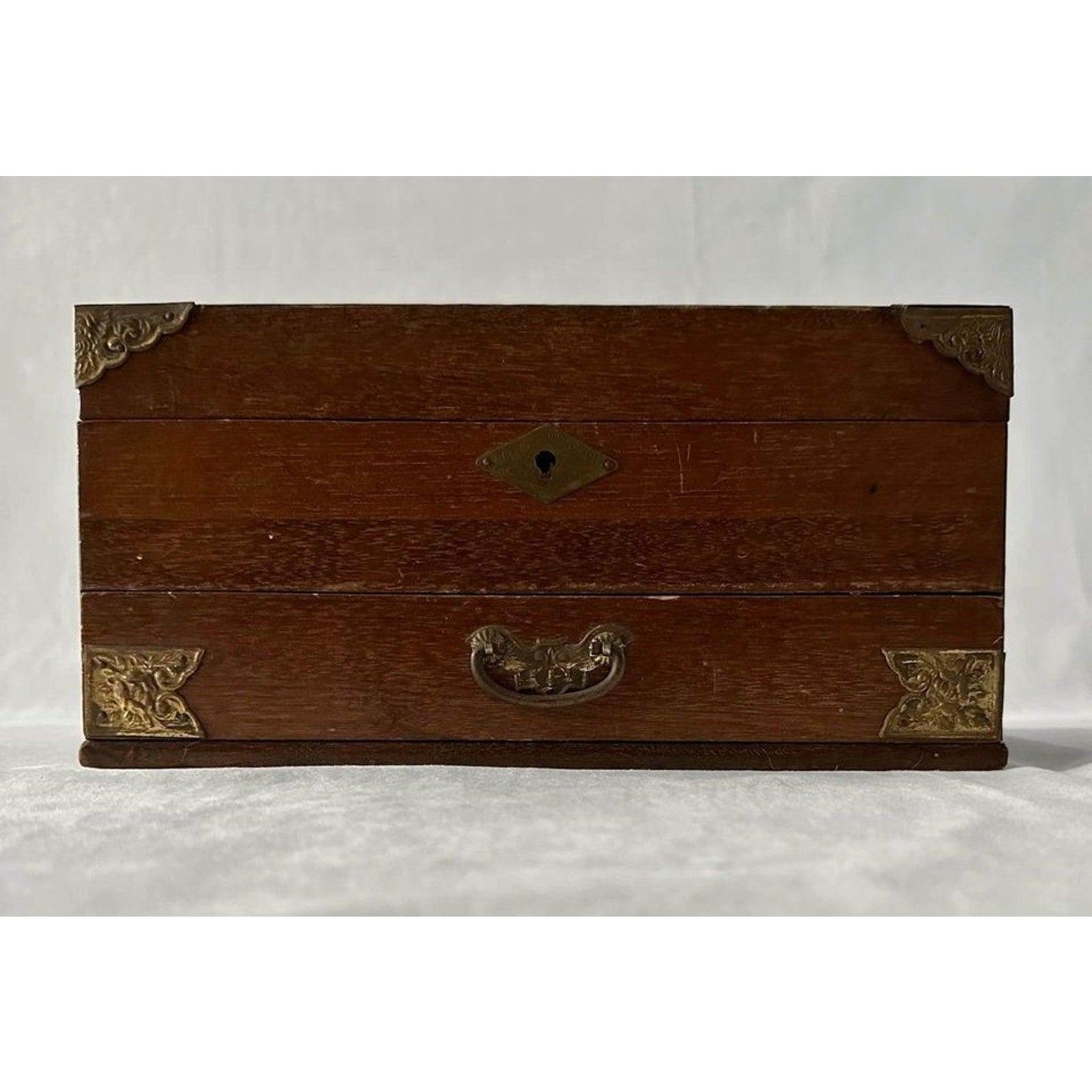 Vtg Longevity Japanese Jewelry Box Wood Japan Brass 2-Tier Good Luck