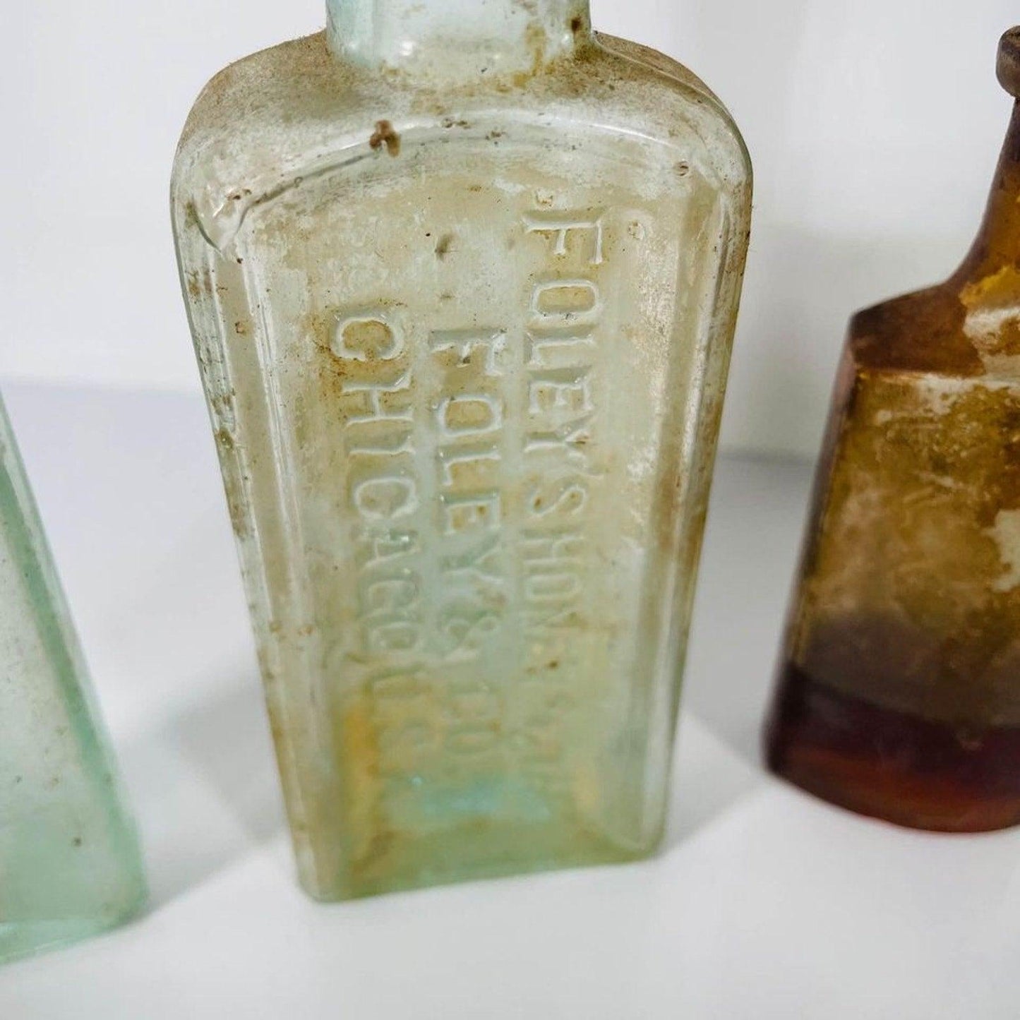 Set of 8 Antique & Vintage Glass Bottles, Old Green and Clear Glass Bottles