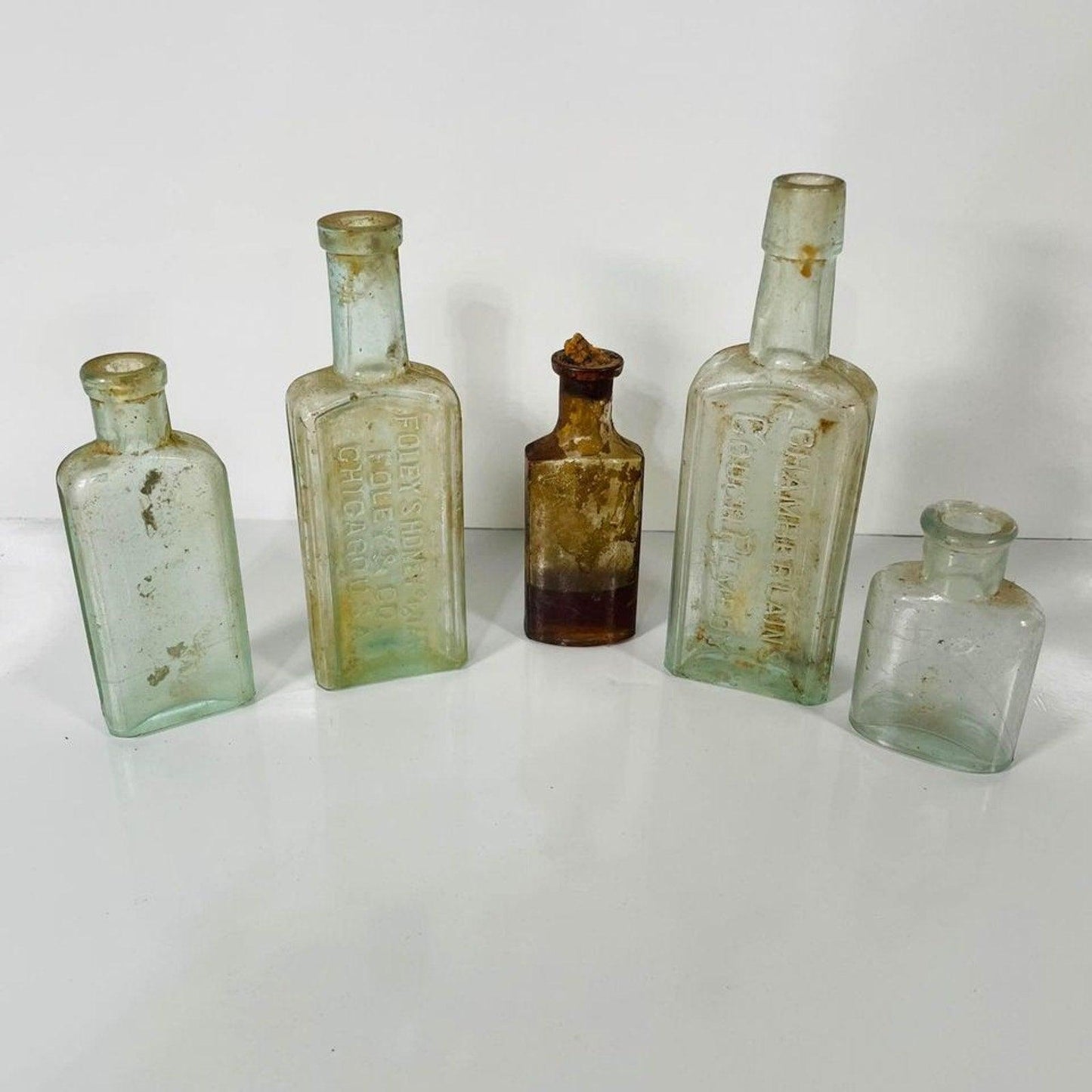 Set of 8 Antique & Vintage Glass Bottles, Old Green and Clear Glass Bottles