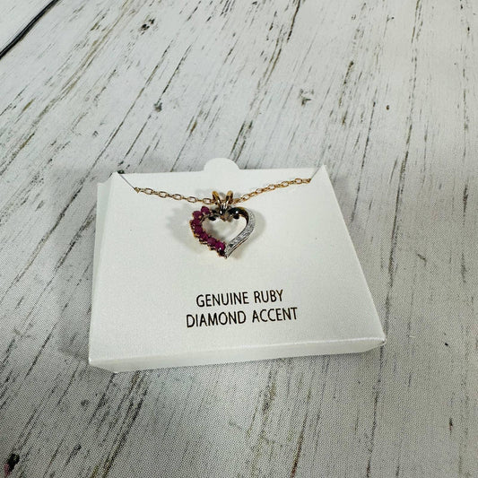 18K Gold Plated Heart Necklace Genuine Ruby Diamond Accent