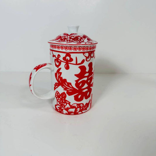 “QINGHUA” RARE  3 PIECE TEA CUP MUG W/ INFUSER & LID