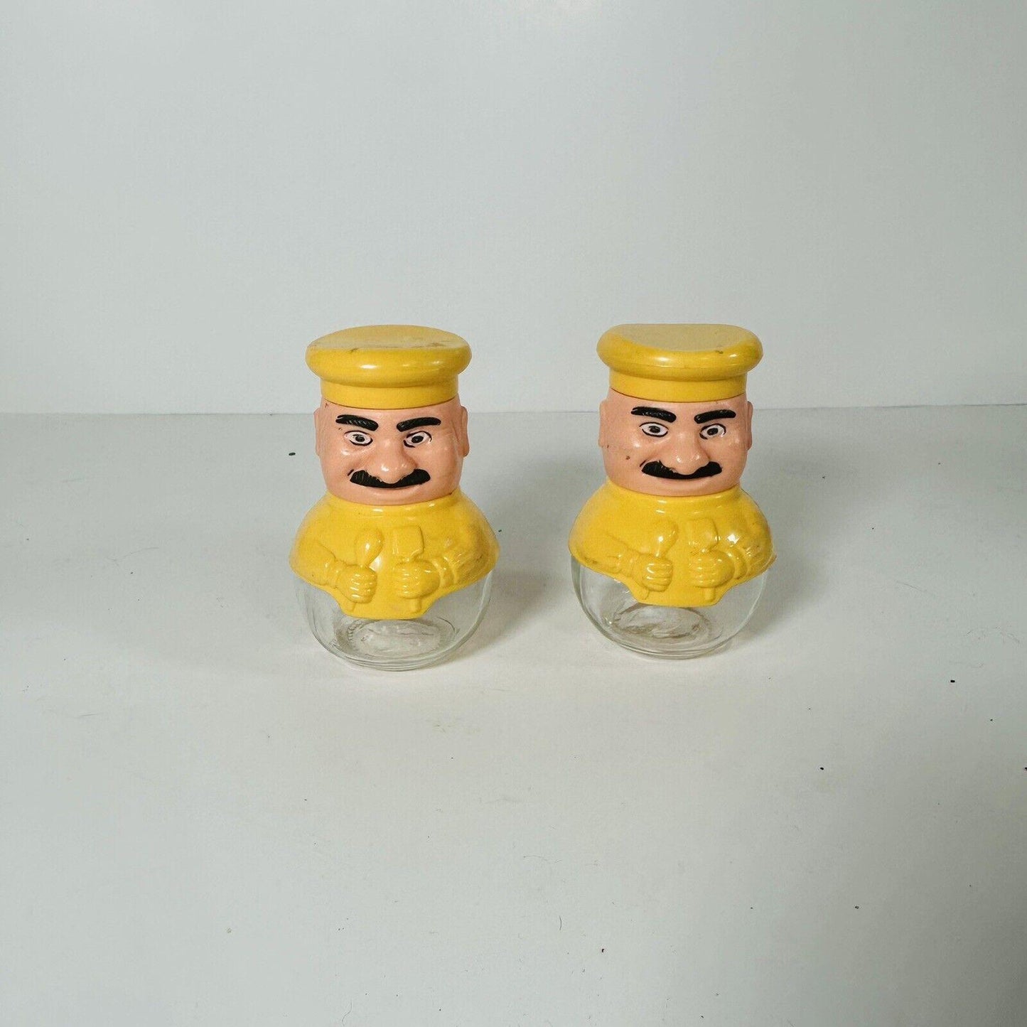 Vintage Solmaz Mercan 1960s Italian Chef Salt and Pepper Shakers Plastic & Glass