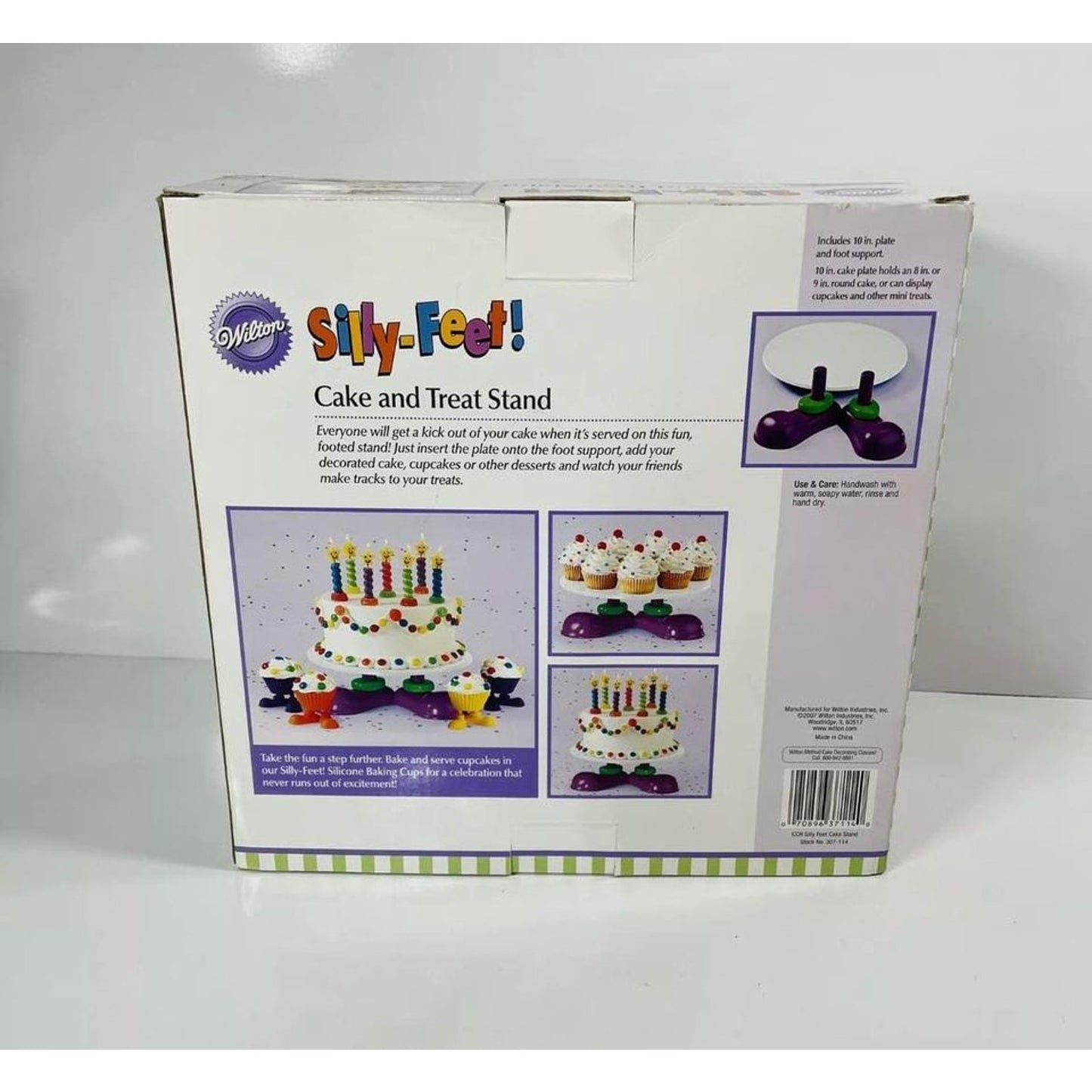 2007 WILTON SILLY FEET CAKE & CUPCAKE 10" WHITE PLATE PURPLE FEET HOLDER NIB