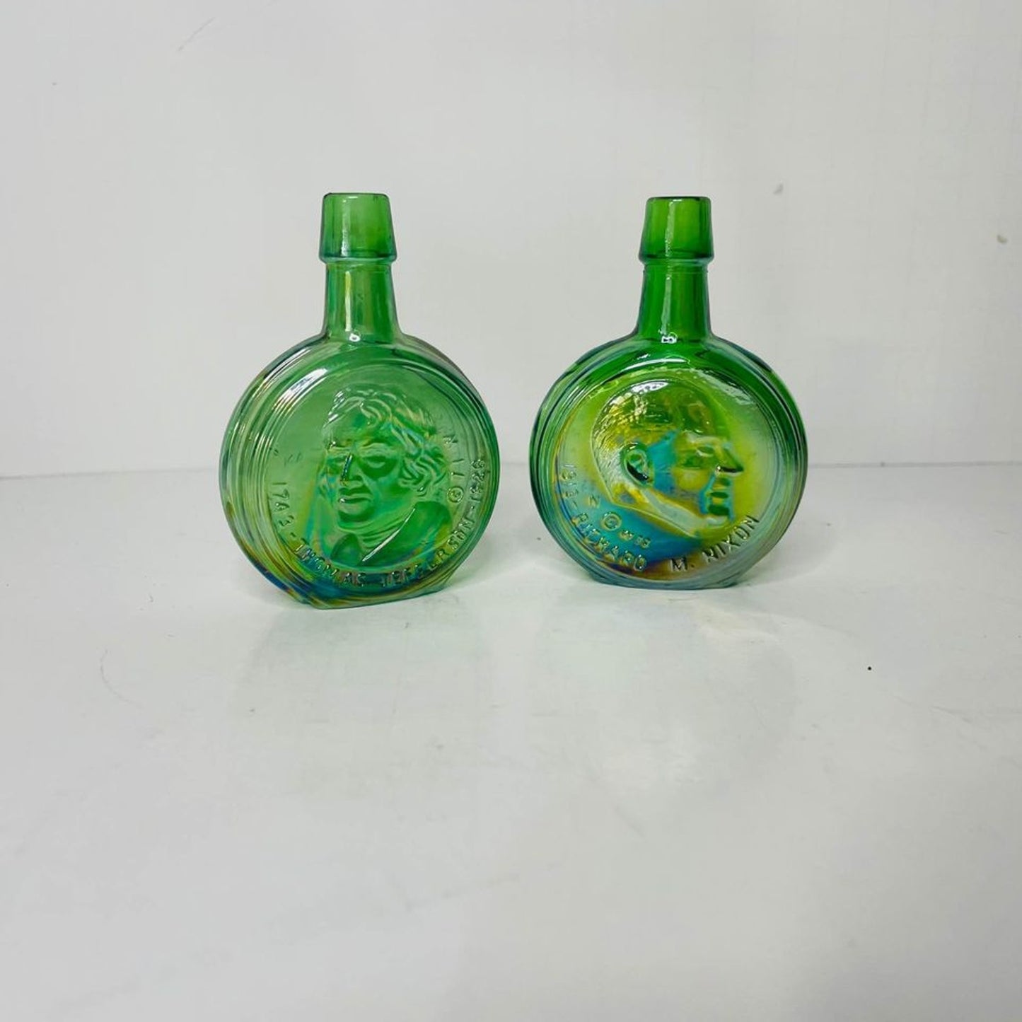 Wheaton Glass Green Thomas Jefferson & Richard Nixon Bottle 3" Tall